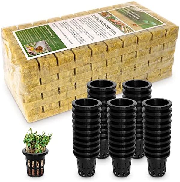 Jowlawn 1" Rockwool Cubes for Hydroponics 200 Plugs with 50 Pack 1.5 inch Net Pots Hydroponics Supplies Cups for Rooting, Clone Plants, Starting Seeds, Ideal Rockwool for Hydroponic Growing
