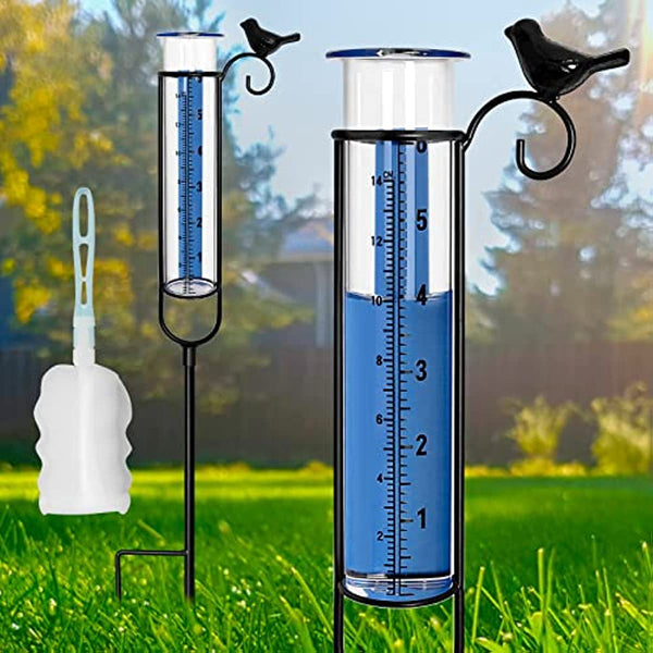 Jowlawn 6" Capacity Rain Gauge Outdoor, Detachable Glass Rain Gauges with L-Shaped Metal Stake - Cast Iron Bird Rain Gage with Tube Brush, Water Rain Meter for Yard, Lawn, Garden, Fence Decoration